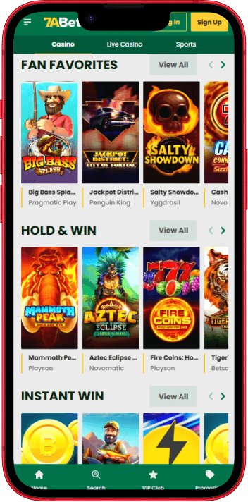 7aBet casino game lobby showing slots and live games