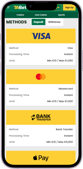 7aBet payment methods including PayPal, Visa and Apple Pay